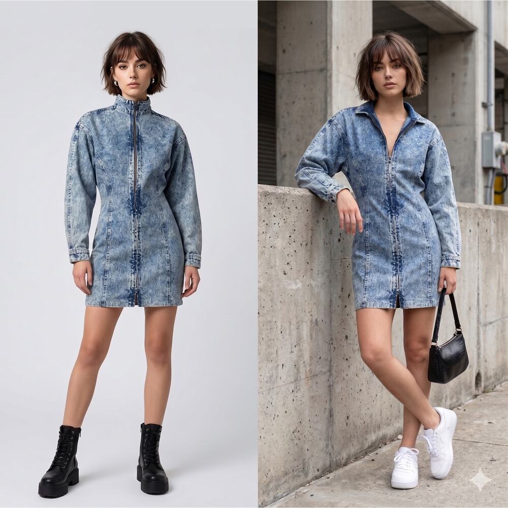 Vintage Paris Blues Denim Dress 3 Acid Wash Mock Neck Long Sleeve Batwing 80s